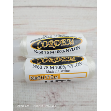 Нитка бісерна монокордова Cordem № 60, колір білий. 75 метрів