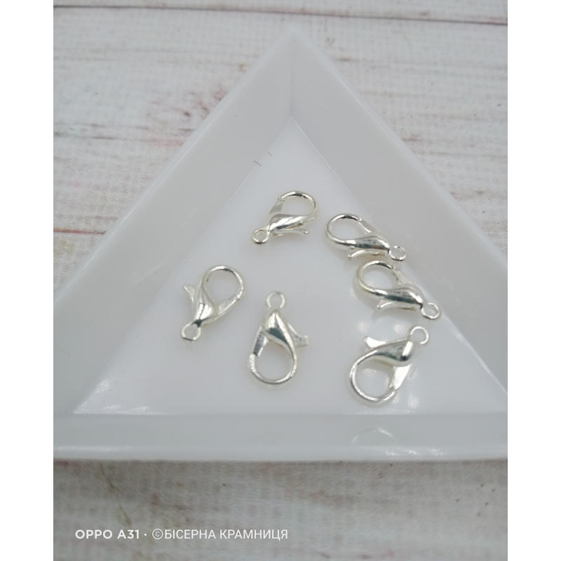 Карабін, розмір 12*6 мм. Колір світлого срібла