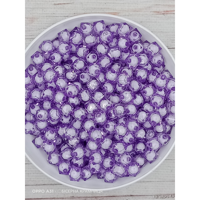 Світлі бузкові акрилові намистини Куб Гранений з білою намистиною всередині, 10 мм, 250 грамів