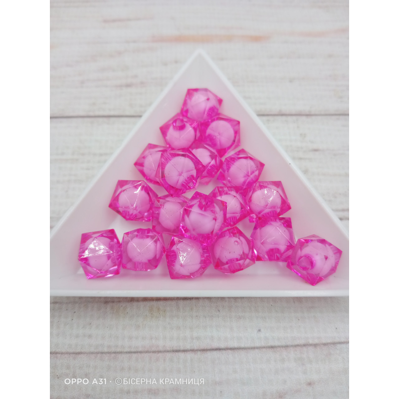 Яскраві рожеві акрилові намистини Куб Гранений із білою намистиною всередині, 10 мм, 250 грамів