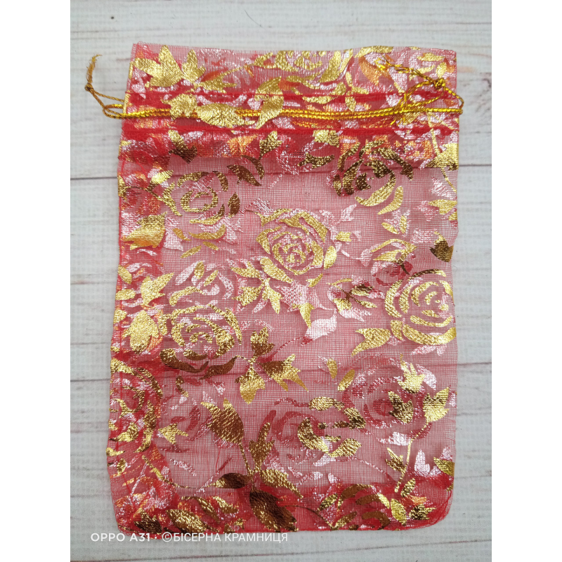 Подарунковий червоний мішечок з органзи, розмір 10*14 см. Принт Золоті Рози