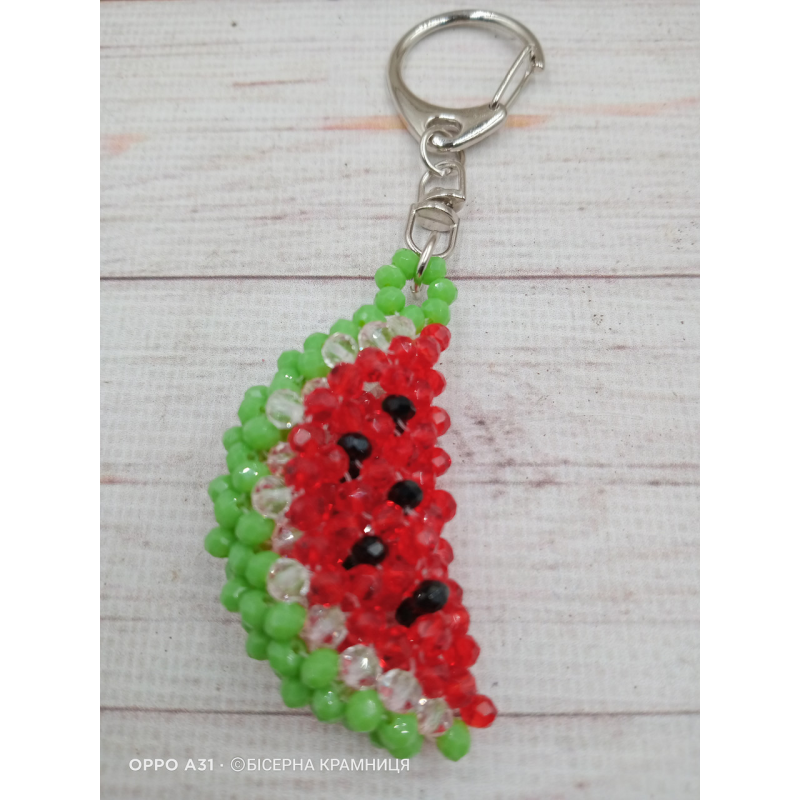 Брелок для ключів, для декору сумки, рюкзака Кавунчик із скляних ронделей. Ручна робота