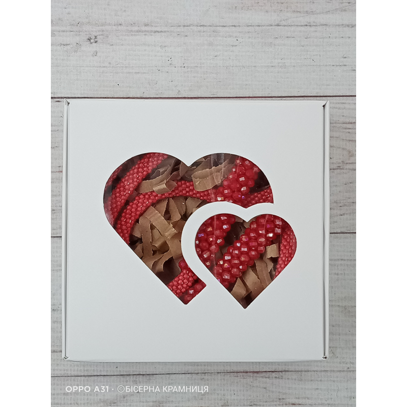 Самозбірна біла коробочка з віконцем “Два Серця“, розмір 100*100*30 мм