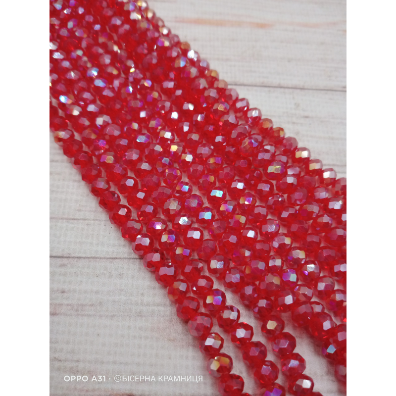 Ронделі, розмір 6*4 мм. Червоні прозорі з райдужним напиленням