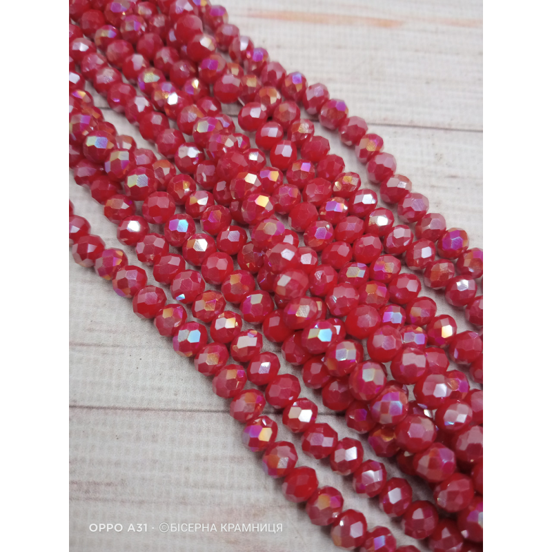 Ронделі, розмір 6*4 мм. Червоні непрозорі з райдужним напиленням