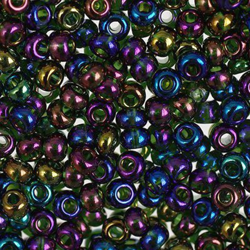 762-10/0-51290 Бісер Чехія (прозорий райдужний, золотистий зелено-синій), упаковка 50 грамів